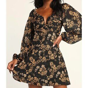 Lulus Womens Dressed Up Darling Black Floral Balloon Sleeve Mini Dress size XS